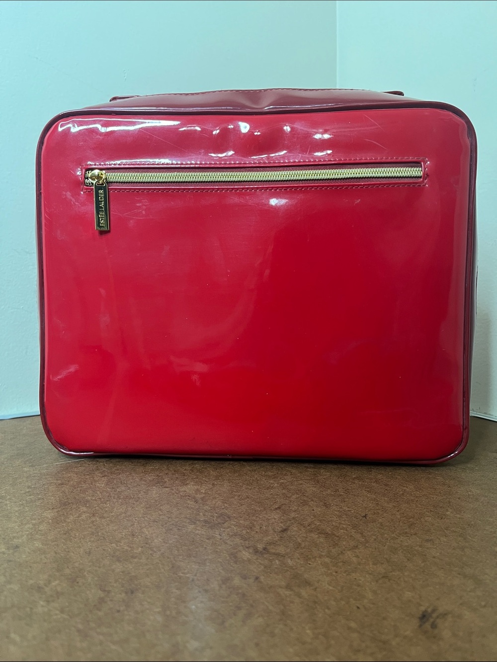 Estee Lauder Shiny Red Cosmetic Case with Gold Zip 11.5”W x 9.5”L x 4.5”D